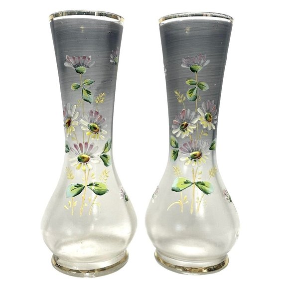 Antique 1890s Pair of Bohemian Art Glass Enameled Tulips Flowers Smokey Grey - Picture 1 of 12
